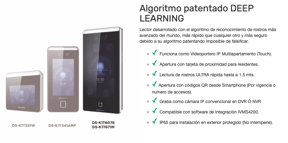 2 EN 1 / Biométrico de Reconocimiento Facial ULTRA Rápido Hasta a 1.5 Mts con Función de Videoportero Touch / Lectura de Códigos QR / Algoritmo Deep Learning / Cámara 2 MP Compatible con NVRs y DVRs